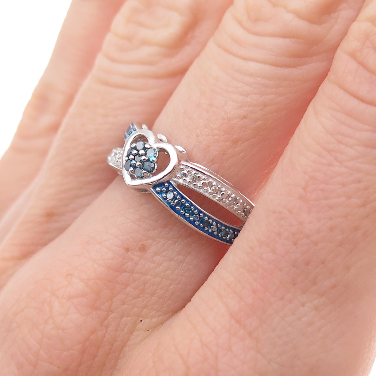 925 Sterling Silver Real Round-Cut Blue & White Diamond Heart Ring Size 7