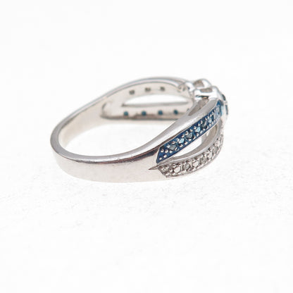 925 Sterling Silver Real Round-Cut Blue & White Diamond Heart Ring Size 7