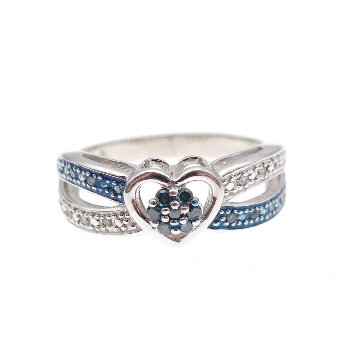 925 Sterling Silver Real Round-Cut Blue & White Diamond Heart Ring Size 7