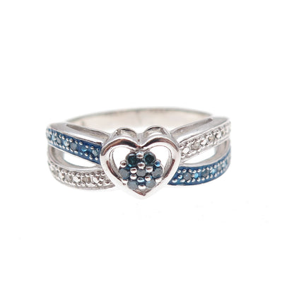 925 Sterling Silver Real Round-Cut Blue & White Diamond Heart Ring Size 7