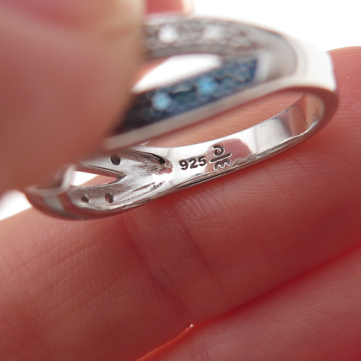 925 Sterling Silver Real Round-Cut Blue & White Diamond Heart Ring Size 7
