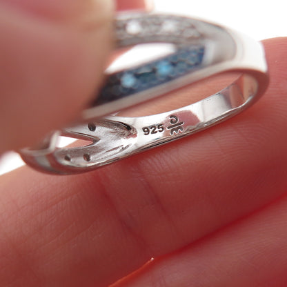 925 Sterling Silver Real Round-Cut Blue & White Diamond Heart Ring Size 7