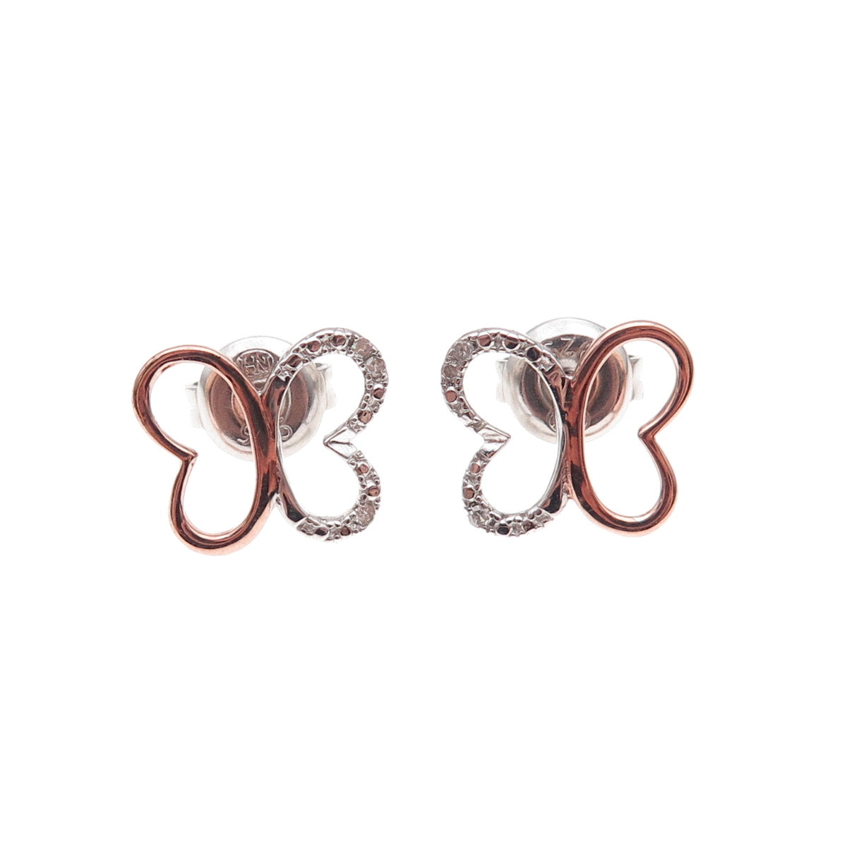 Heng Ngai 925 Sterling Silver 2-Tone Real Diamond Butterfly Stud Earrings