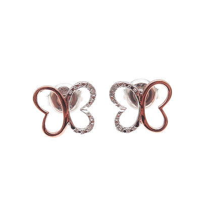Heng Ngai 925 Sterling Silver 2-Tone Real Diamond Butterfly Stud Earrings
