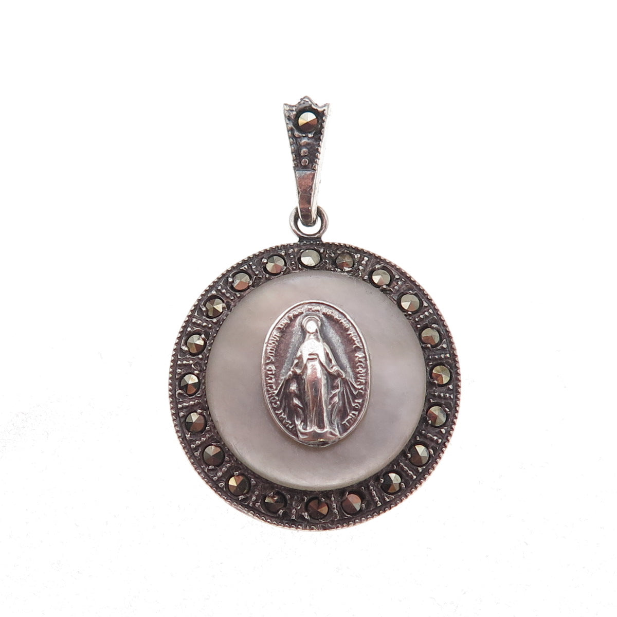 Ann Gale Sterling Silver Antique Art Deco Real MOP & Marcasite St. Mary Pendant