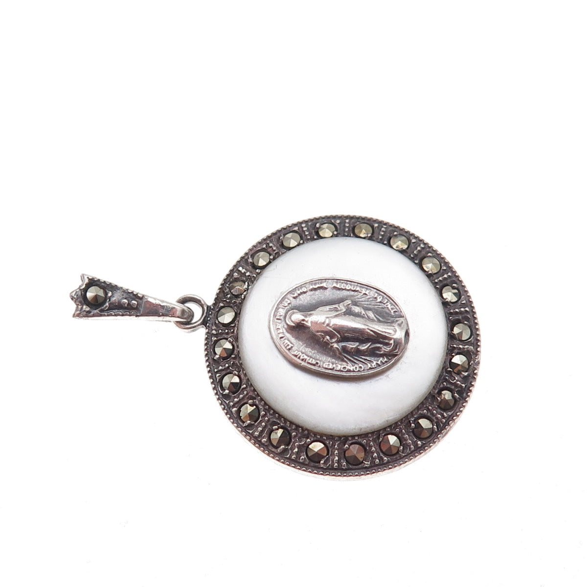 Ann Gale Sterling Silver Antique Art Deco Real MOP & Marcasite St. Mary Pendant