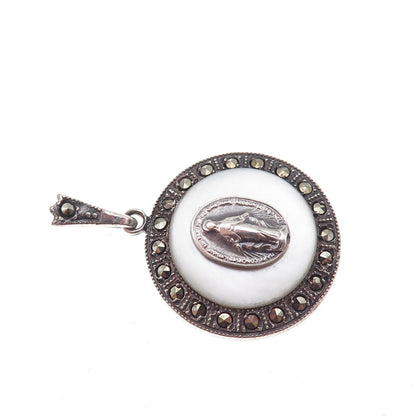 Ann Gale Sterling Silver Antique Art Deco Real MOP & Marcasite St. Mary Pendant
