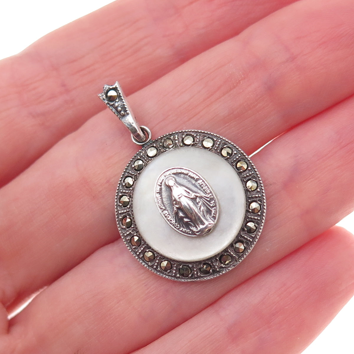 Ann Gale Sterling Silver Antique Art Deco Real MOP & Marcasite St. Mary Pendant