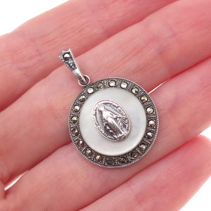 Ann Gale Sterling Silver Antique Art Deco Real MOP & Marcasite St. Mary Pendant