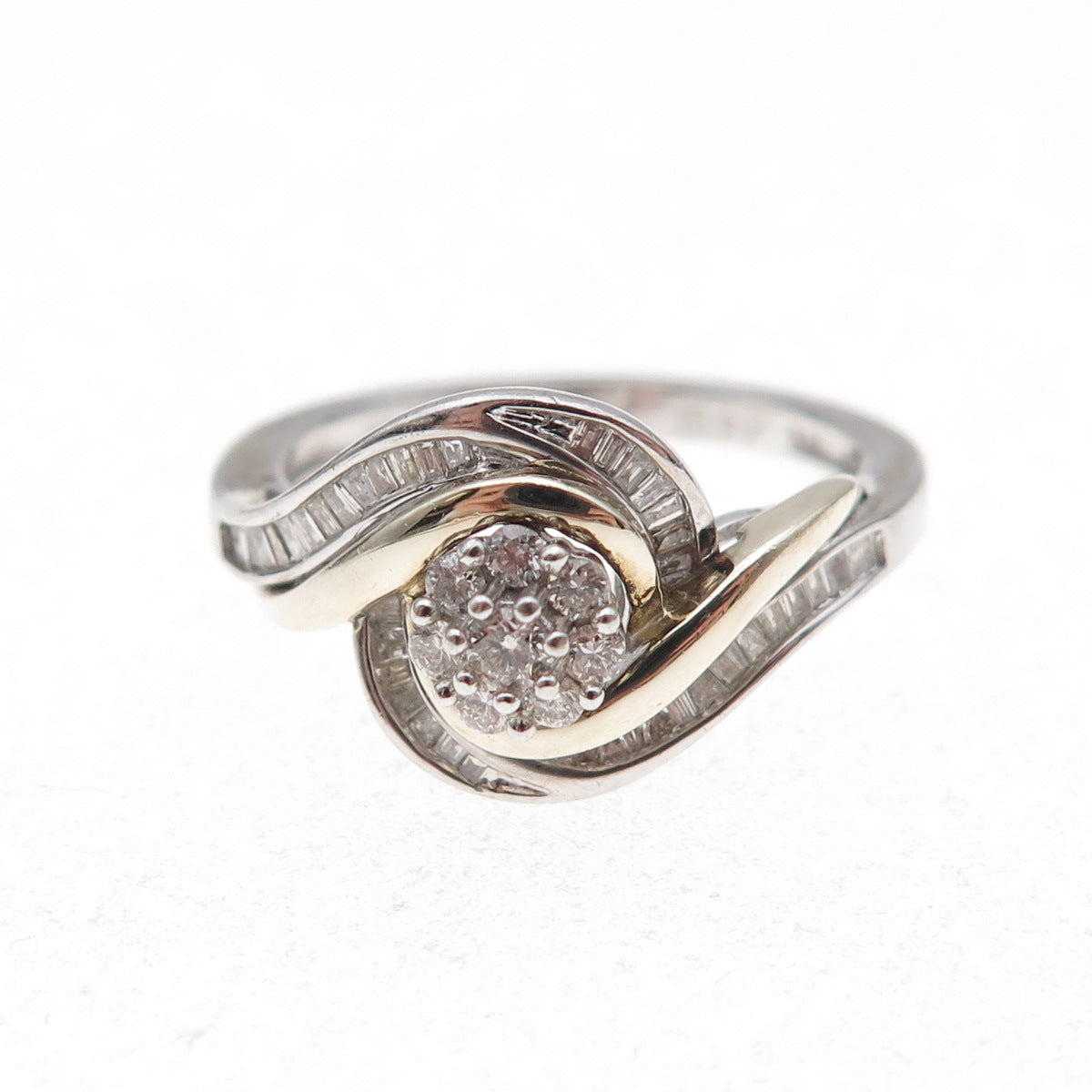 925 Sterling Silver 14K Gold Real Diamond Bypass Ring Size 7.25