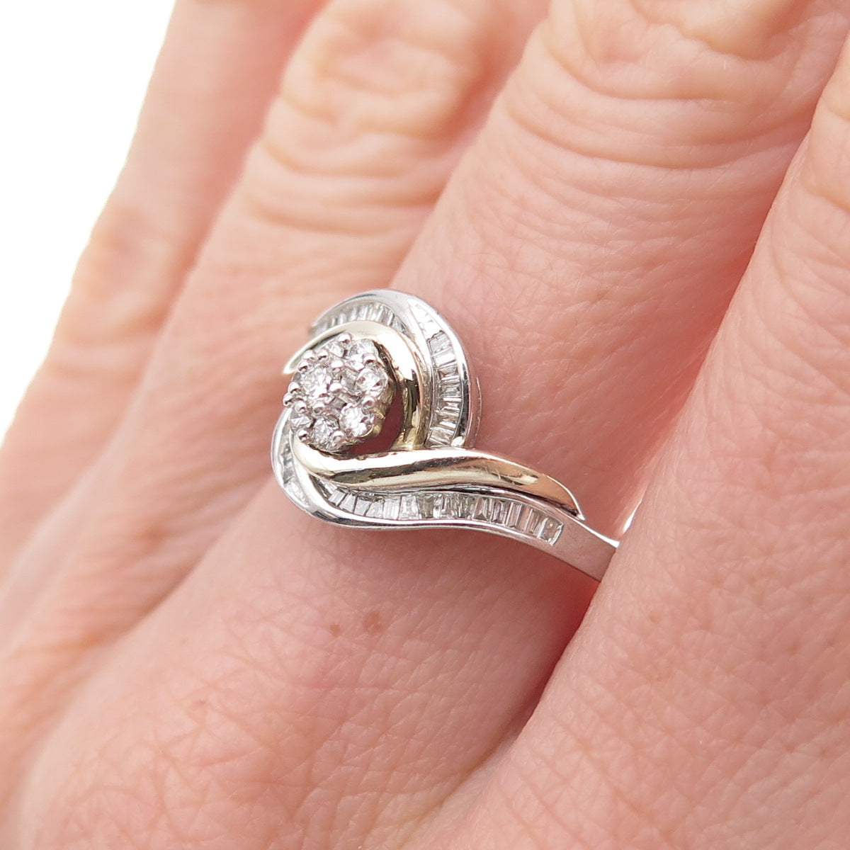 925 Sterling Silver 14K Gold Real Diamond Bypass Ring Size 7.25