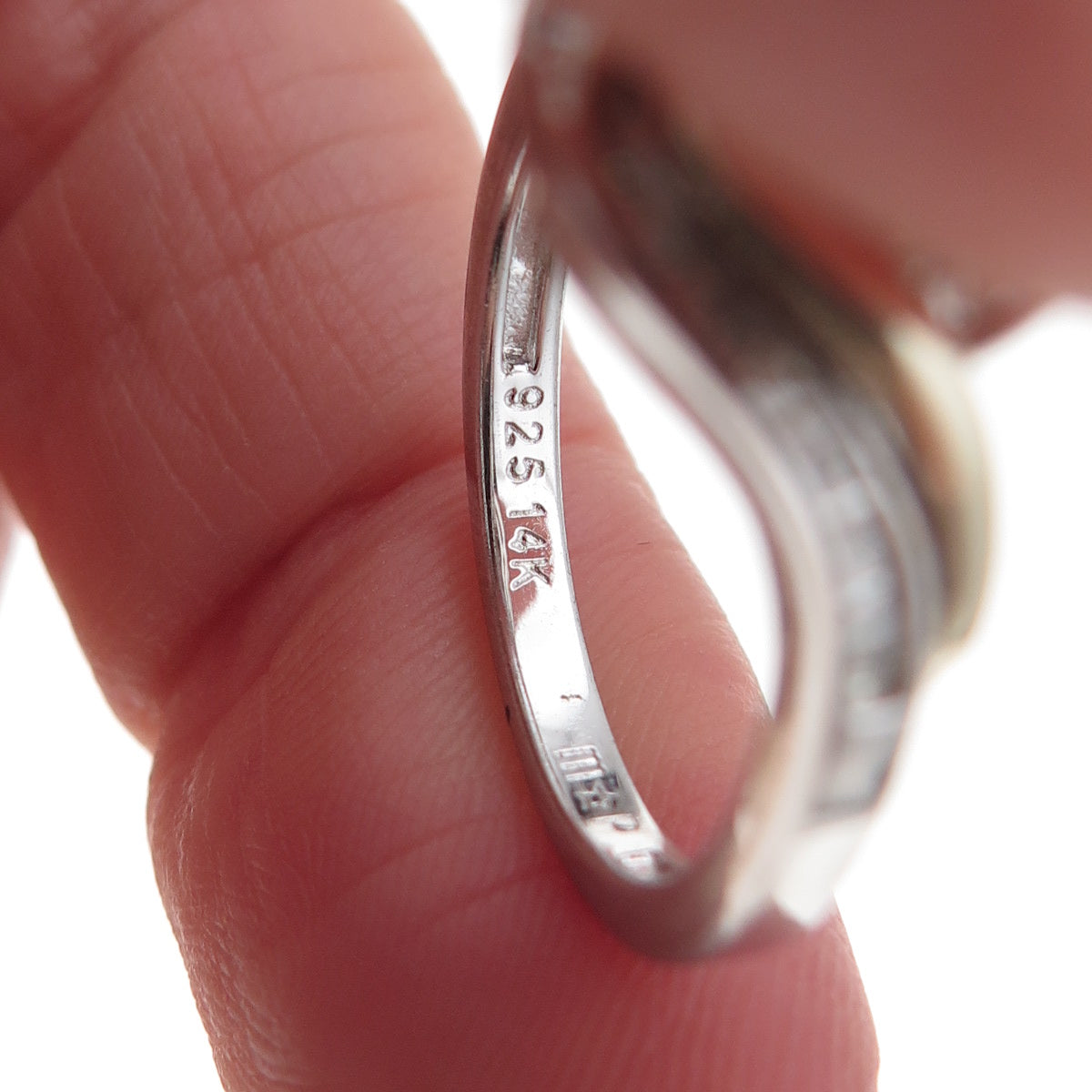 925 Sterling Silver 14K Gold Real Diamond Bypass Ring Size 7.25