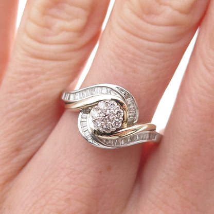 925 Sterling Silver 14K Gold Real Diamond Bypass Ring Size 7.25