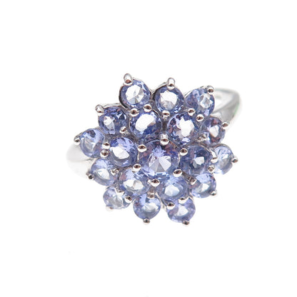 925 Sterling Silver Real Round-Cut Tanzanite Floral Ring Size 8