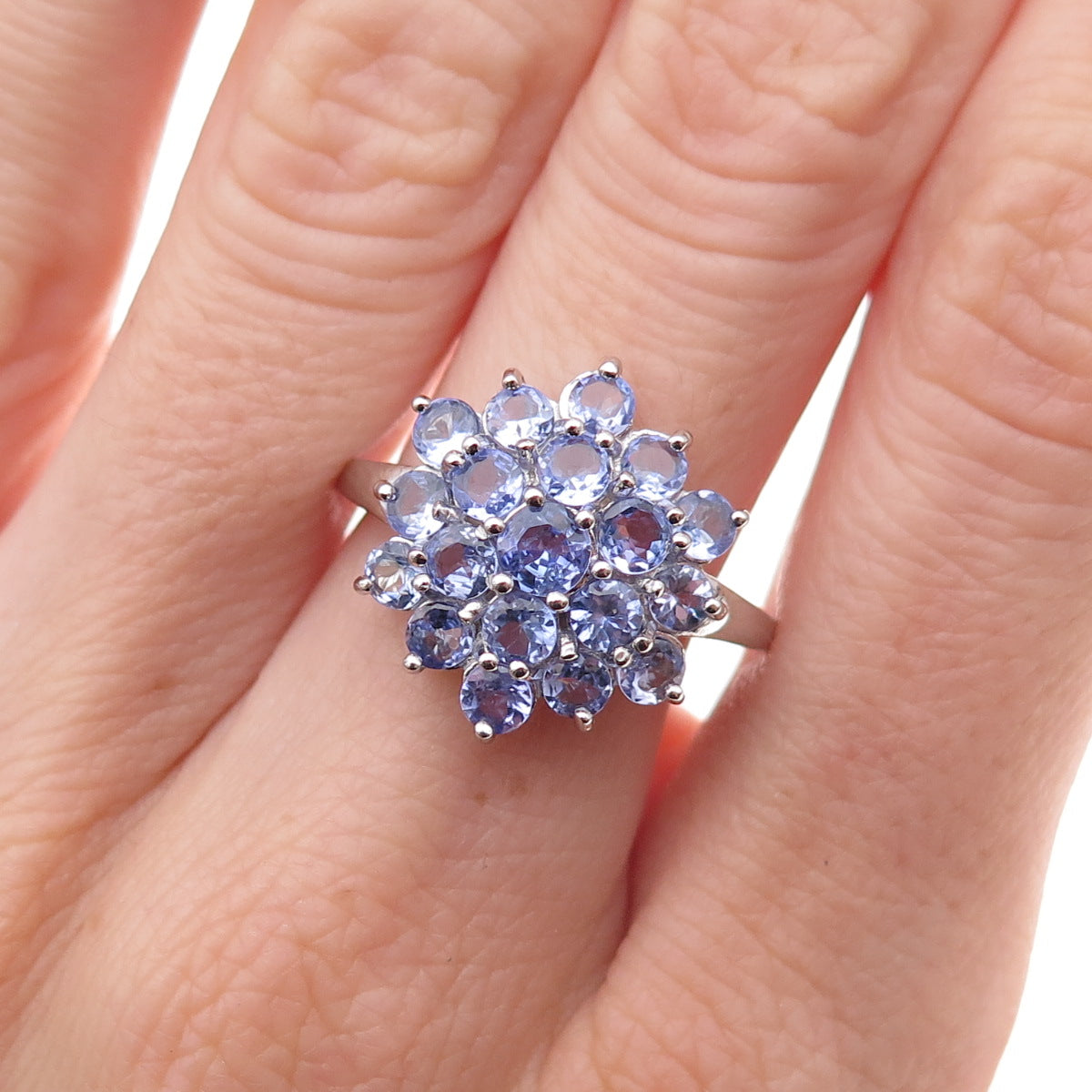 925 Sterling Silver Real Round-Cut Tanzanite Floral Ring Size 8