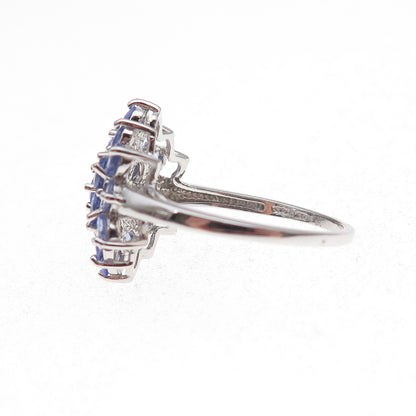925 Sterling Silver Real Round-Cut Tanzanite Floral Ring Size 8