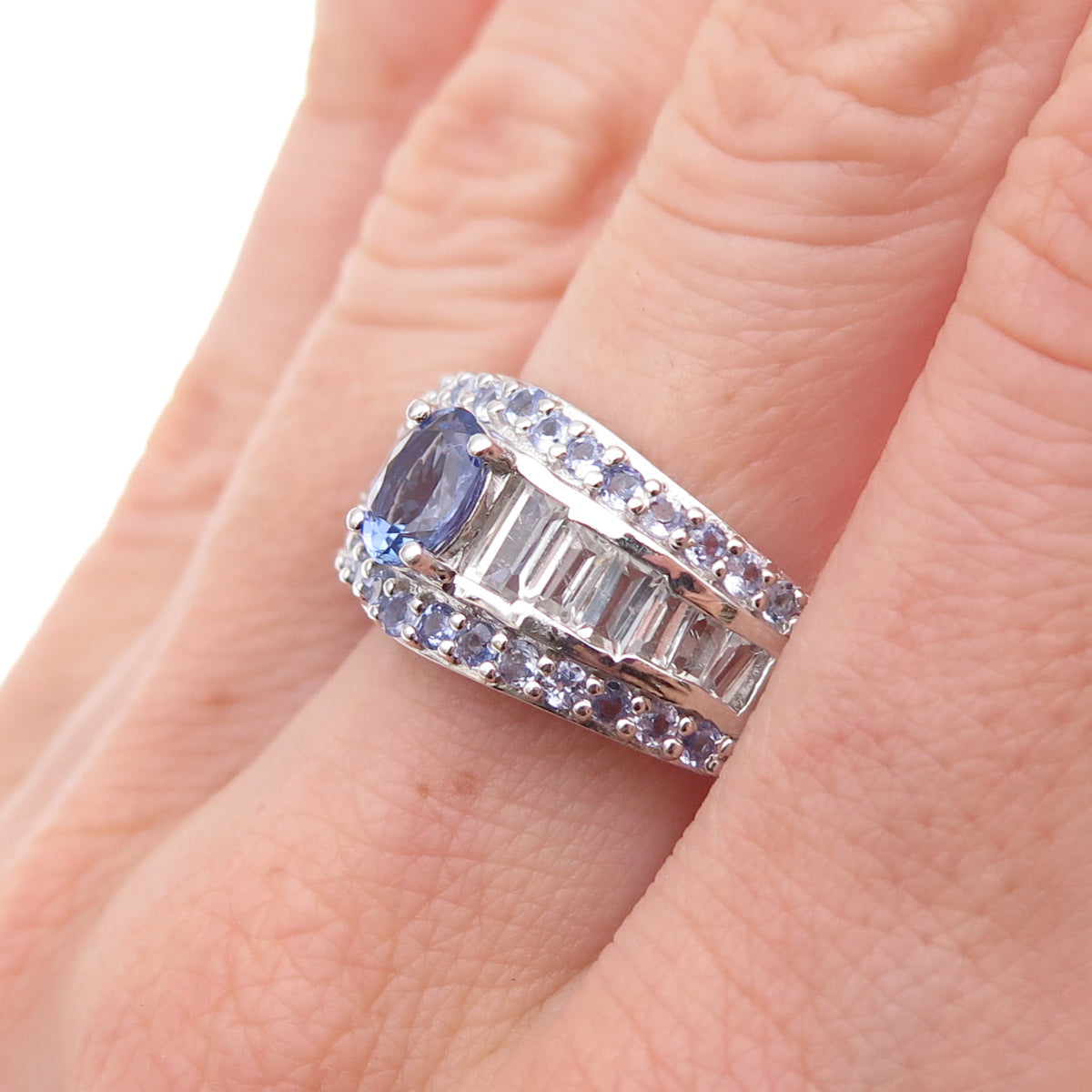 Chuck Clemency 925 Sterling Silver Real Tanzanite & White Topaz Ring Size 8.25