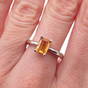 925 Sterling Silver Mexico Real Emerald-Cut Citrine Ring Size 7