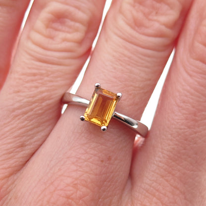925 Sterling Silver Mexico Real Emerald-Cut Citrine Ring Size 7