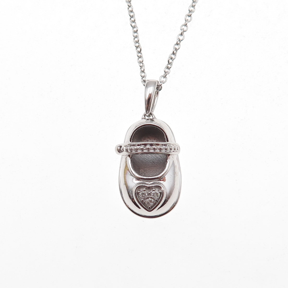 925 Sterling Silver Real Diamond Heart Baby Shoe Cable Chain Necklace 18"