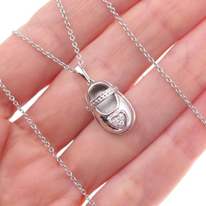 925 Sterling Silver Real Diamond Heart Baby Shoe Cable Chain Necklace 18"