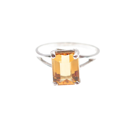 925 Sterling Silver Real Emerald-Cut Citrine Ring Size 6