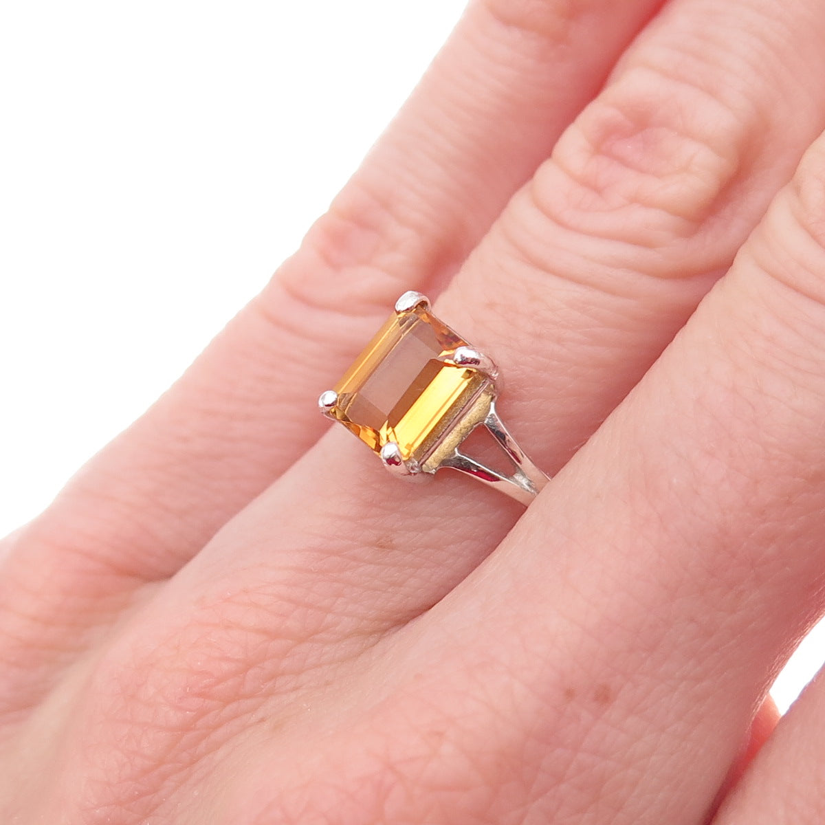 925 Sterling Silver Real Emerald-Cut Citrine Ring Size 6