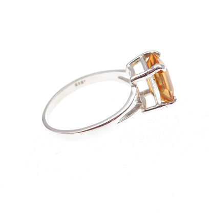 925 Sterling Silver Real Emerald-Cut Citrine Ring Size 6