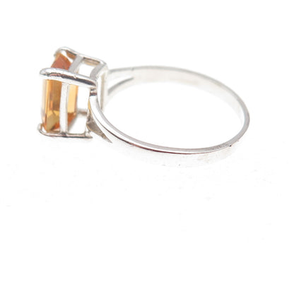 925 Sterling Silver Real Emerald-Cut Citrine Ring Size 6