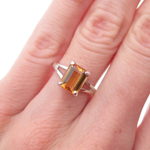 925 Sterling Silver Real Emerald-Cut Citrine Ring Size 6