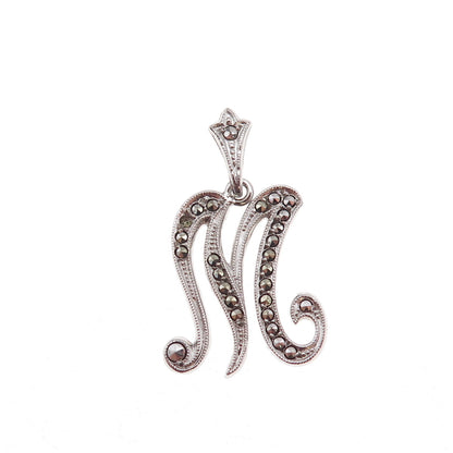 925 Sterling Antique Art Deco Real Marcasite Letter M Pendant (missing stone)