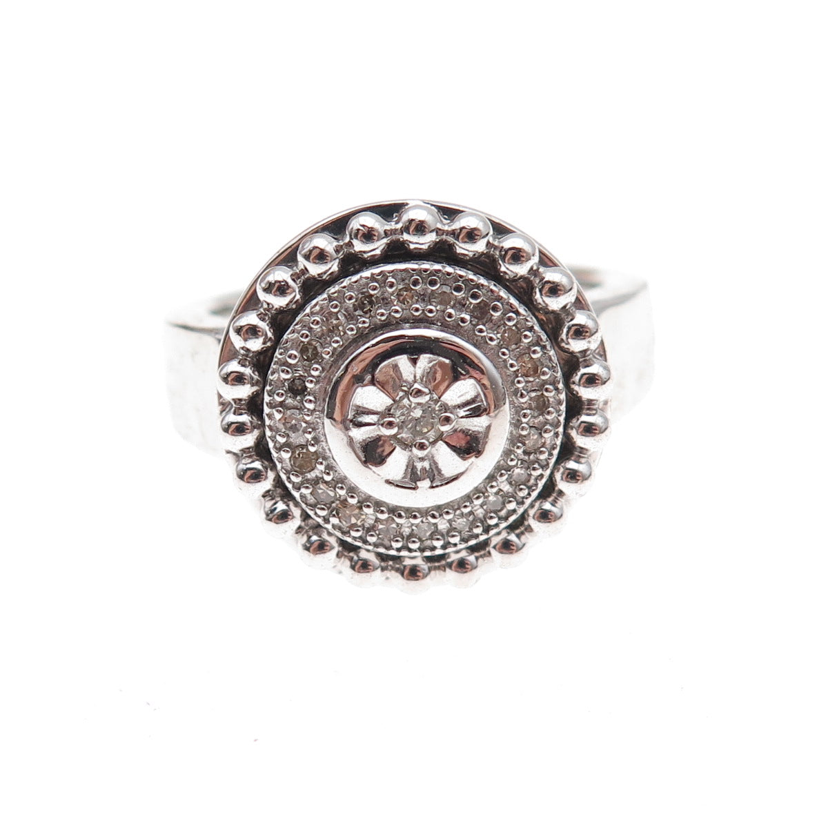 925 Sterling Silver Mexico Real Diamond Spinning Beaded Ring Size 7