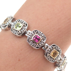 Dasan 925 Sterling 14K Gold Vintage Real Peridot Citrine Amethyst Bracelet 7.75"
