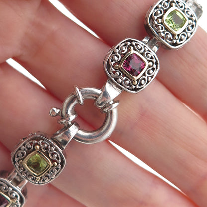 Dasan 925 Sterling 14K Gold Vintage Real Peridot Citrine Amethyst Bracelet 7.75"
