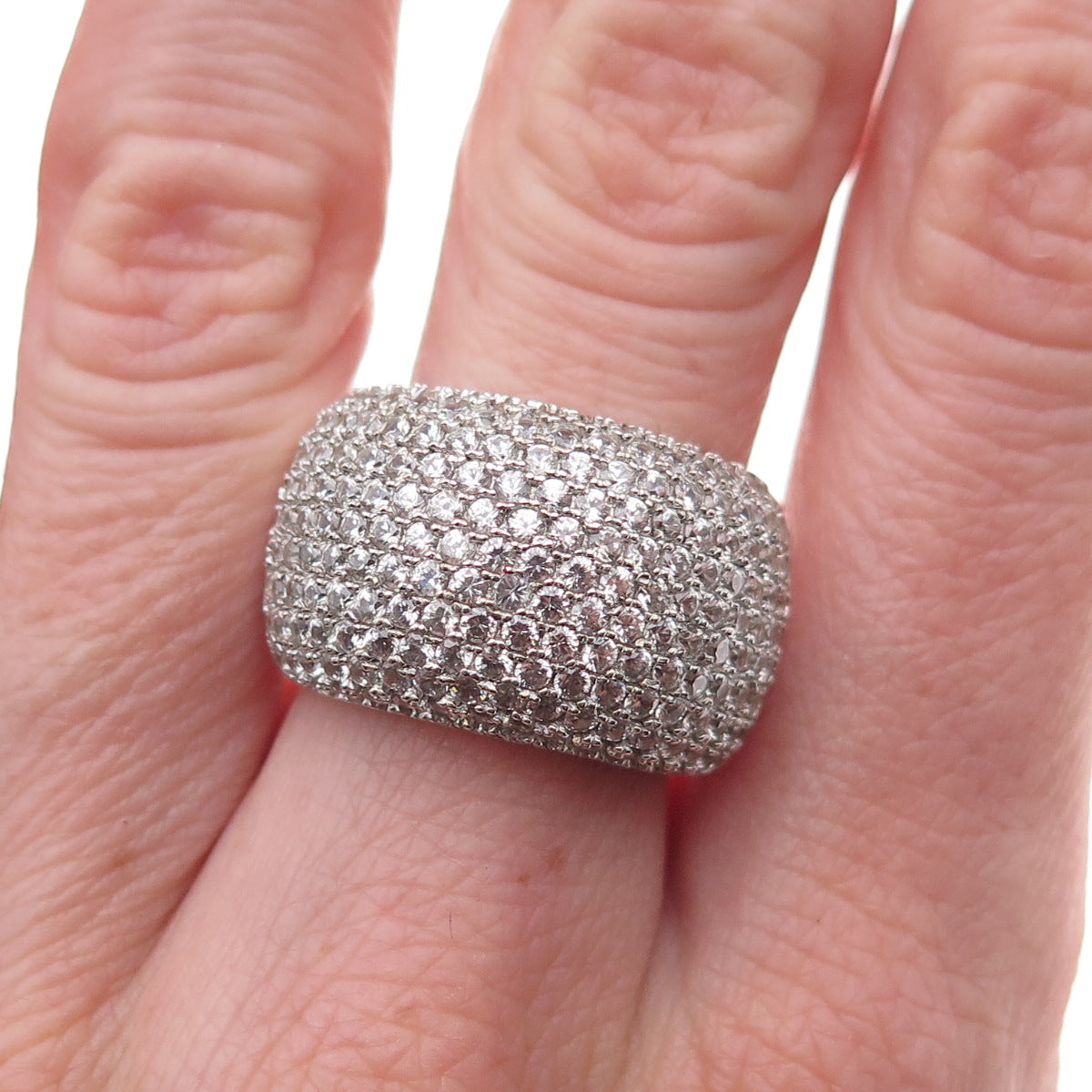 925 Sterling Silver Real Round-Cut White Topaz Pave Ring Size 7
