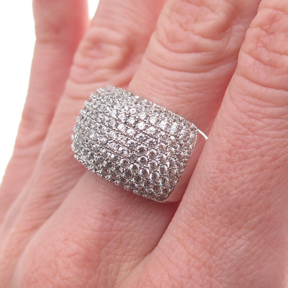 925 Sterling Silver Real Round-Cut White Topaz Pave Ring Size 7