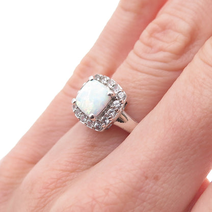 925 Sterling Silver Real Opal & White Topaz Ring Size 4.5