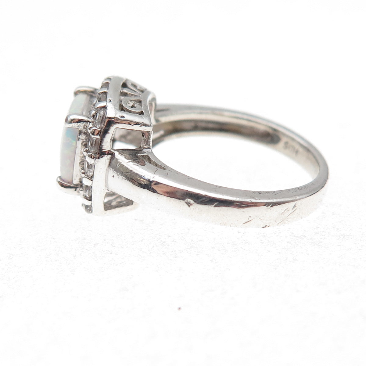 925 Sterling Silver Real Opal & White Topaz Ring Size 4.5