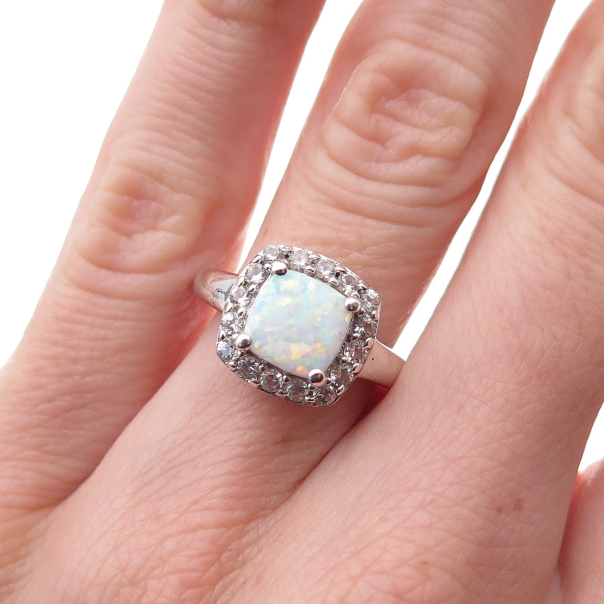 925 Sterling Silver Real Opal & White Topaz Ring Size 4.5