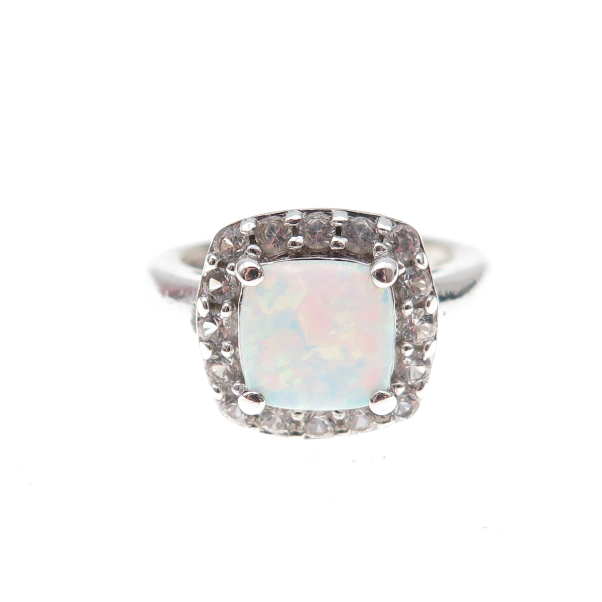 925 Sterling Silver Real Opal & White Topaz Ring Size 4.5