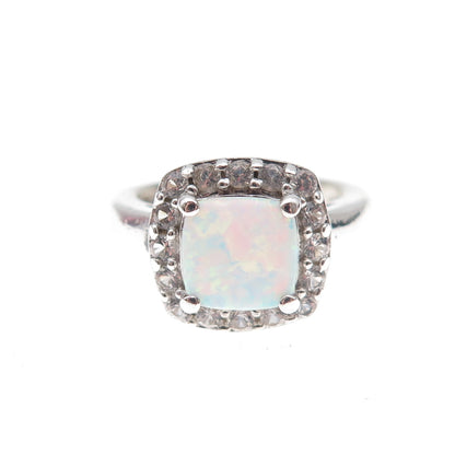 925 Sterling Silver Real Opal & White Topaz Ring Size 4.5
