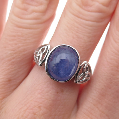 925 Sterling Silver Real Cabochon Tanzanite Celtic Trinity Knot Ring Size 8