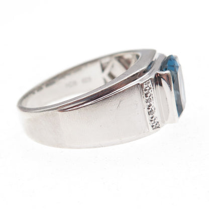 925 Sterling Silver Real Diamond & Swiss Blue Topaz Ring Size 10
