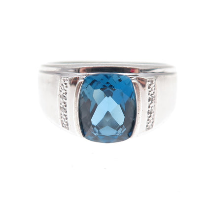 925 Sterling Silver Real Diamond & Swiss Blue Topaz Ring Size 10