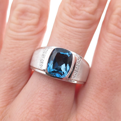 925 Sterling Silver Real Diamond & Swiss Blue Topaz Ring Size 10