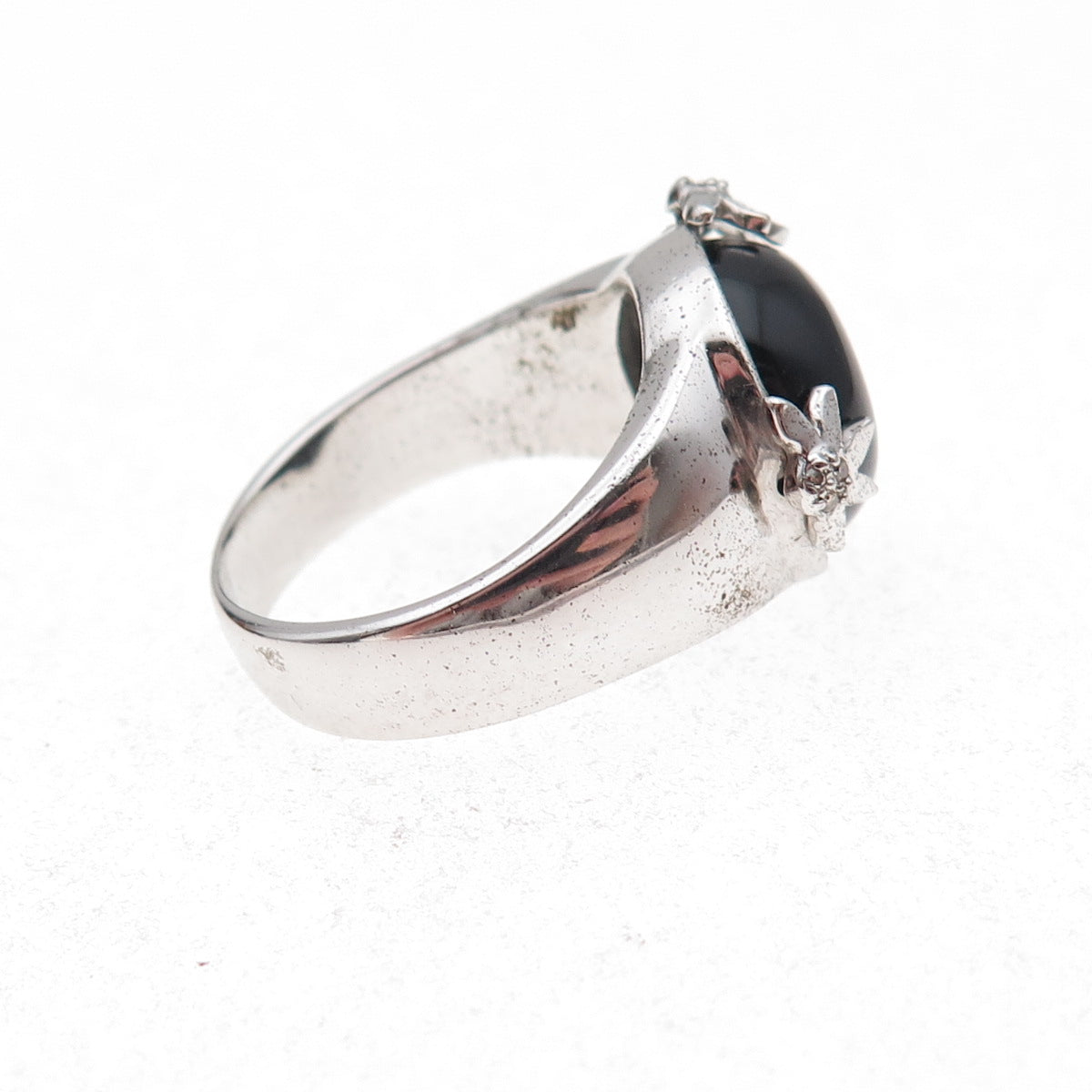 925 Sterling Silver Mexico Real Diamond & Black Onyx Floral Ring Size 7
