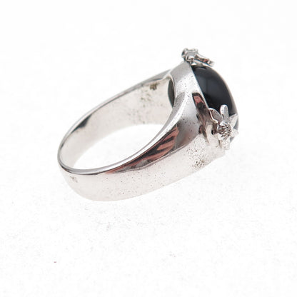 925 Sterling Silver Mexico Real Diamond & Black Onyx Floral Ring Size 7
