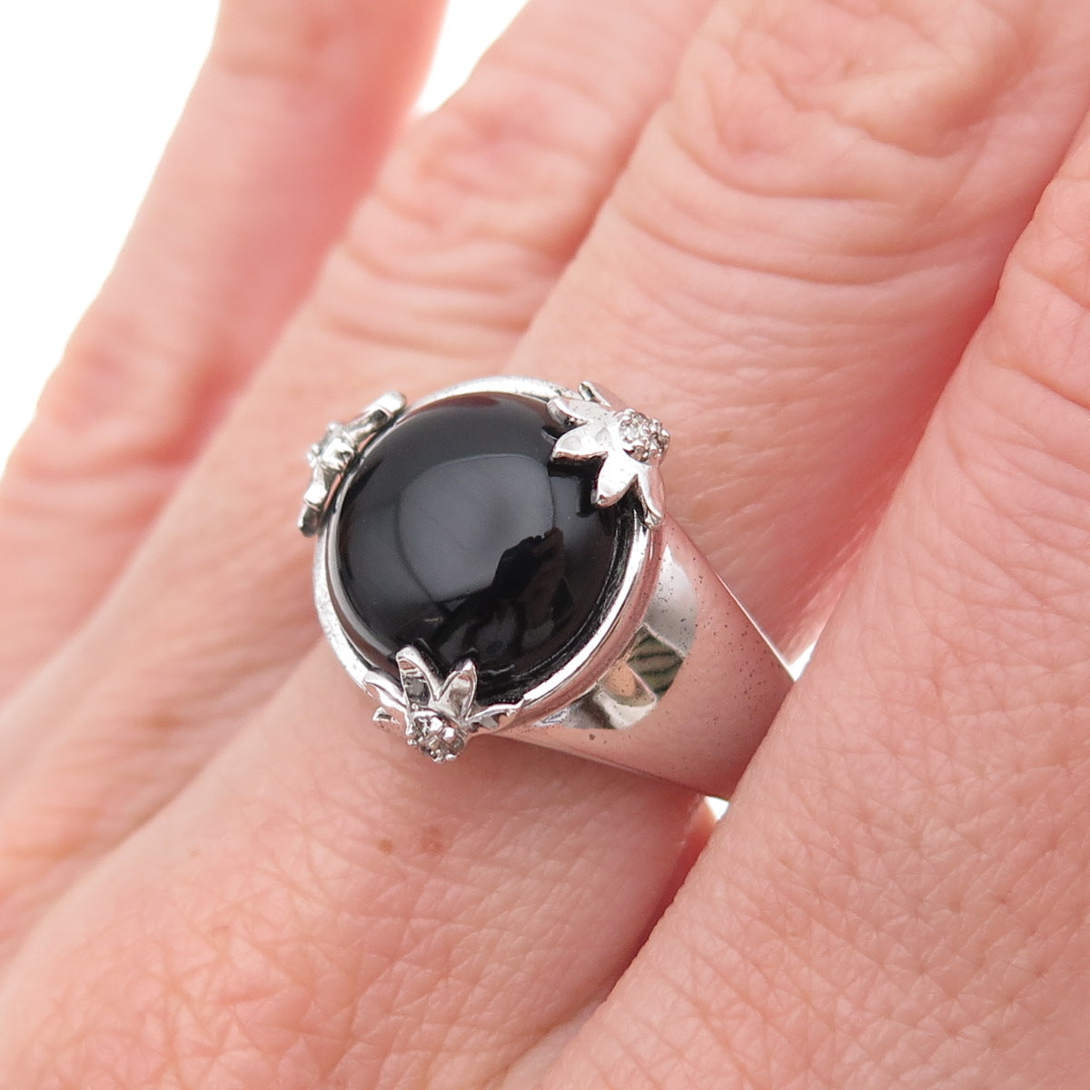 925 Sterling Silver Mexico Real Diamond & Black Onyx Floral Ring Size 7