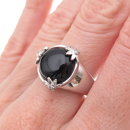925 Sterling Silver Mexico Real Diamond & Black Onyx Floral Ring Size 7