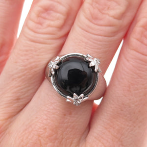 925 Sterling Silver Mexico Real Diamond & Black Onyx Floral Ring Size 7